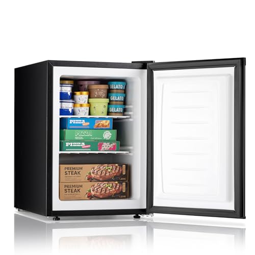 DOGHLY 2.1 Cu Ft Upright Freezer, Small Compact Mini Freezer Upright for Home Office Apartment, Black Standing Freezer with 7-Level Adjustable Temperature Control, Reversible Door, Removable Shelf