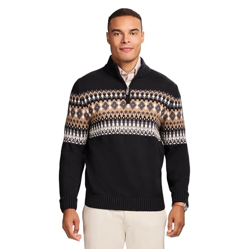IZOD Men's Holiday Quarter Zip Pullover Sweater, Black, Small at
