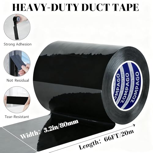 Image of ZOMPAGO Duct Tape Heavy Duty Waterproof,Black 3.2 inch x 66FT, Tear by Hand, No Residue, Strong Adhesive, All-Weather for Indoor Outdoor Repair, Pipe Leak, RV, Roof, Camping