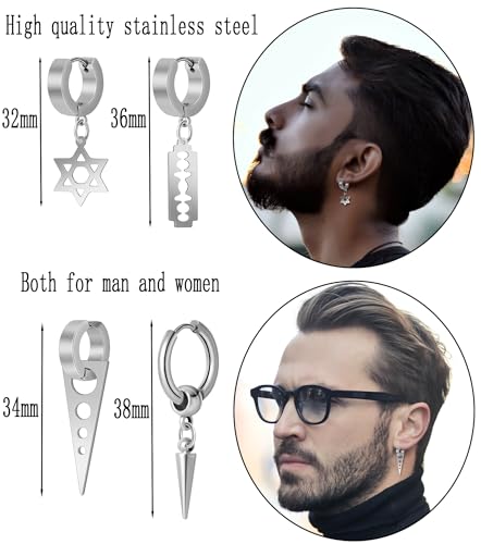 22 Pcs Stainless Steel Dangle Earrings Punk Classic Hoop Huggie Drop Earrings Spike Screw Long Chain Hexagram Stud Earrings Piercing Jewelry Set for Men Silver Black Tone4