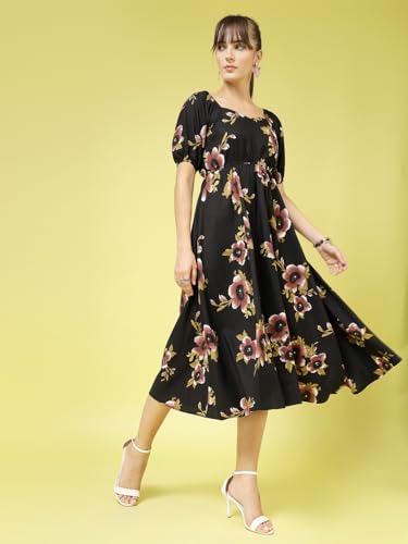 Image of OOMPH! Below Knee Shift Pink Dress in Crepe Fabric with Round Neck and Puff Sleeves - md619l
