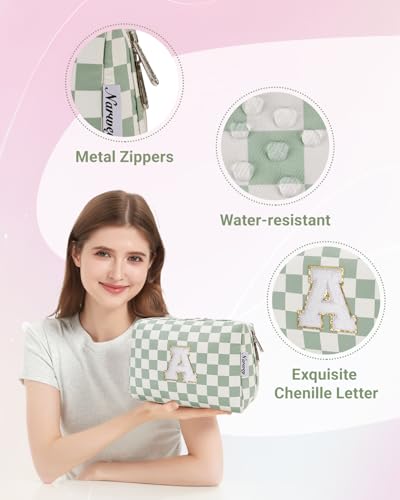 Narwey Initial Makeup Bag for Teen Girls Kids Trendy Stuff 6 8 10 11 12 13 14 16 18 Years Old, Personalized Monogram Cosmetic Toiletry Bag, Birthday Gifts for Women Tween (Green A)4