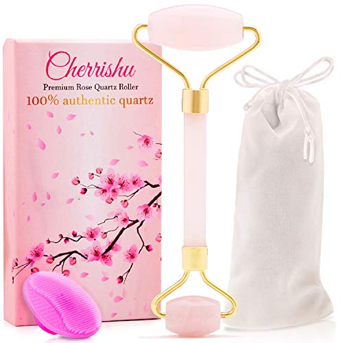 Handmade Rose Quartz Face Roller | 100% Natural Beauty & Anti Wrinkles Facial Massager | Jade Roller Alternative | BONUS Silicone Cleansing Brush
