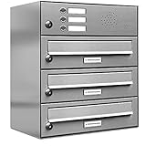 AL Briefkastensysteme 3er Briefkastenanlage mit Klingel, Edelstahl, Premium Briefkasten DIN A4, 3 Fach Postkasten modern Aufputz