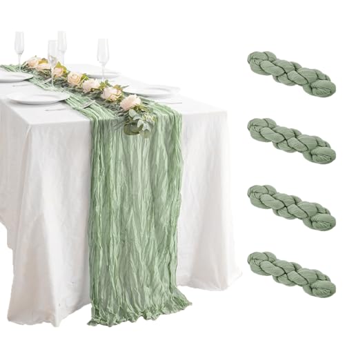 IULONEE 4 Piezas Camino De Mesa Verde Salvia Vintage Largo Bohemio Camino De Mesa 90x400cm Banda De Mesa Bohemio Verde Oliva Verde Camino Mesa Cheesecloth para Fiestas De Vacaciones Comedor Hogar