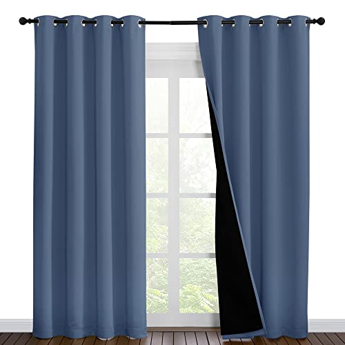 NICETOWN 100% Blackout Curtains 86 inches Long, Pair of Energy Smart & Noise Blocking Out Drapes for Baby Room Window, Thermal Insulated Guest Room Lined Window Dressing (Stone Blue, 55 inch