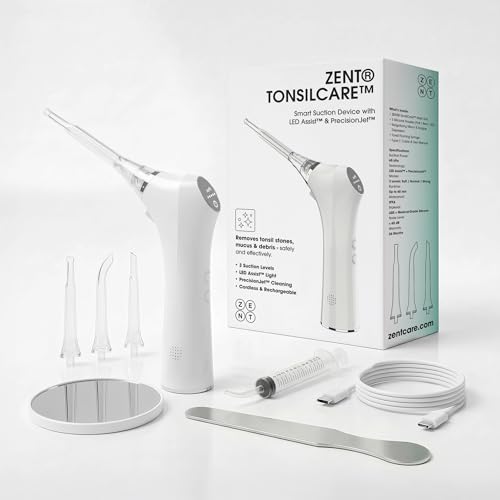 ZENT Tonsilloliti rimozione elettrico – Kit rimozione calcoli tonsillari con Luce LED, 3 Punte Silicone, Aspiratore Calcoli Tonsillari Senza Fili e Motore Silenzioso, per Casa e Viaggio