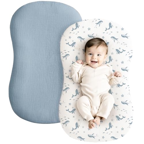 Image of Konssy Muslin Baby Lounger Cover 2 Pack, 100% Cotton Newborn Lounger, Soft and Breathable for Boys Girls, Covers Only (Blue Whale, Blue)