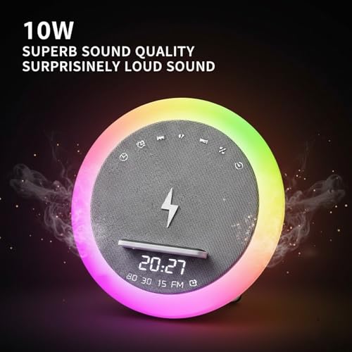 Image of 𝓓rumstone (𝟑𝐘𝐄𝐀𝐑 𝐖𝐀𝐑𝐑𝐀𝐍𝐓𝐘) Bluetooth Speaker Smart Wake Up Light with Wireless Charger, Alarm Clock, RGB Color Ring, Digital Display, Touch Control, LED Night Light, Modern Round Design