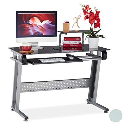 Relaxdays PC Schreibtisch, Glas, Tastaturauszug und Ablage, platzsparend, modernes Design, HBT 94x110x58 cm, schwarz