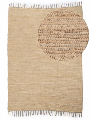 CarpetFine Tapis tissé à Plat Kilim Chindi Uni Couloir Beige 60x90 cm | Tapis Moderne pour Le Salon et la Chambre à Coucher
