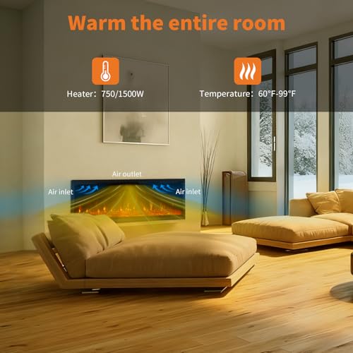 50'' Electric Fireplace - Recessed & Wall Mounted with Log & Crystal Inserts | Adjustable Flame Color/Speed/Brightness, 750/1500W Heater, Remote Control & Touch Screen, Built-in Timer, Low Noise - Image 6