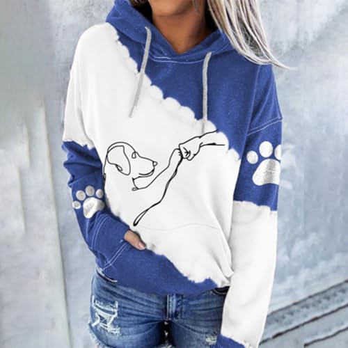 Generisch Kapuzenpullover für Damen, süßes Hundemotiv, Fauststoß-Grafik, langärmelig, Übergröße, Kapuzenpullover mit Taschen Kleider Mini (Blue, L)