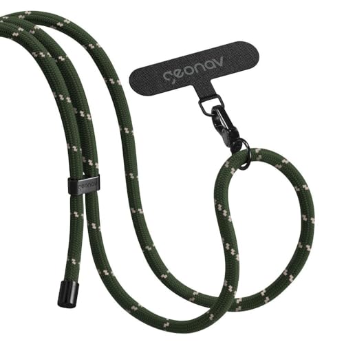 Geonav Cordão de pescoço universal para celular, encaixa em todas os modelos de capinhas, alça ajustável, 1.6 m, lavável, poliéster, evita quedas, CDUM03, verde com cru