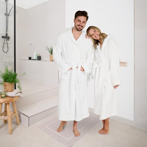 Blumtal Bademantel Damen & Herren L - OEKO-TEX zert. Morgenmantel mit Kapuze inkl. Doppelschlaufen für perfekte Passform - Mikrofaser Bademantel für Sauna Dunkelblau-Blau