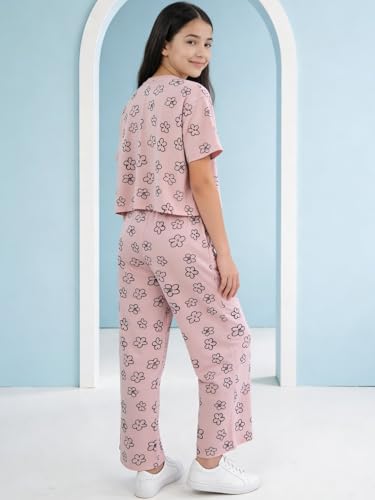 Image of Li'l Tomatoes Girls Cotton Night Suit Set | 100% Cotton Summer Co-Ord Set | Half Sleeve T-Shirt & Full Length Pajama | Soft & Breathable Printed Clothing Set | 9-16 Years