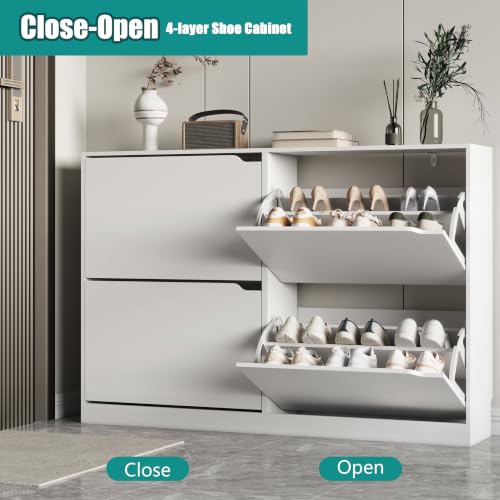 Image of Xixini Shoe Storage Cabinet for Entryway with 4 Flip Drawers, Sturdy Wood Hidden Shoe Storage, Freestanding Narrow Slim Shoe Organizer for Front Door Entrance, Living Room, Hallway, Bedroom, White