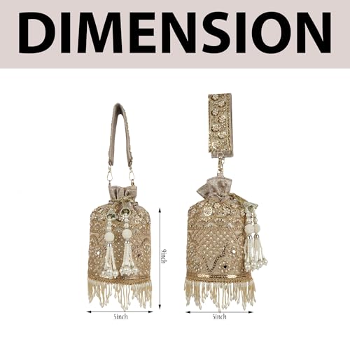 Image of Nevis Silk Fabric Designe Embroidered Potli Bag with Pearl Tassels & Beaded Strap | Bridal Ethnic Drawstring Clutch for Wedding
