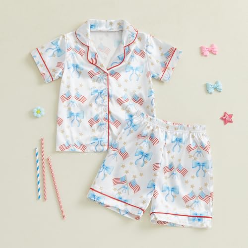 Kids Baby Girl Boy 4th of July Silk Pajamas Set Star Button Up Shirts Tops Shorts Independence Day Satin 2PCS Pj Set2