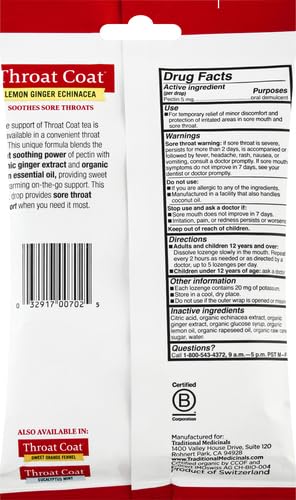 Image of Traditional Medicinals Organic, Throat Coat Lozenges, Lemon Ginger Echinacea - Herbal Cough Drops, Helps Soothe Sore Throat - Non-GMO, Stimulant-Free - 16 Count (Pack of 2)