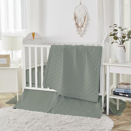 Image of Brandream Gender Neutral Boho Bohemian Baby Girl Boy Nursery 3 Pieces Crib Bedding Set Solid Green Farmhouse Chic Unisex Cozy 100% Washed Cotton Like Linen Supersoft