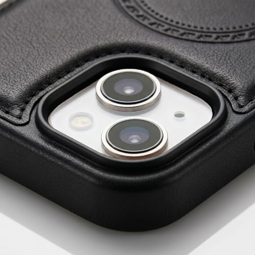 Image of amazon basics Premium PU Leather Case for iPhone 13, MagSafe Compatible Magnetic Ring, Sleek Protective Back Cover - [Black]