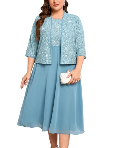 Image of ZOMVA Plus Size Sparkly Mother of The Bride Dresses with Jacket 2 Piece Chiffon A-Line Dress Wedding Guest Formal