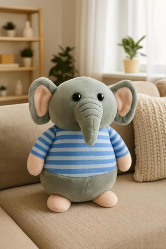 Image of Fun4you Plush Elephant Stuffed Animal Toy with Blue Striped T-Shirt, Soft Toy for Kids, Grey (Blue)