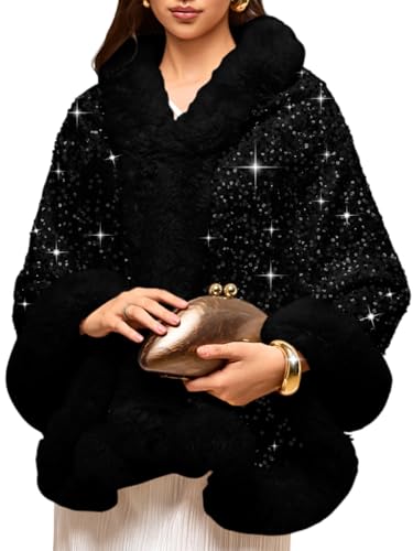Women's Sequin Faux Fur Shawl Wrap, Winter Bridal Wedding, Luxury Elegant Velvet Fur Coat Jackets Cape Evening Party