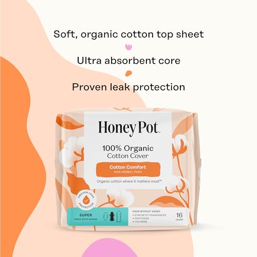 Image of The Honey Pot Company - Sanitary Pads for Women - Non-Herbal Super w /Wings - Organic - Cotton Cover & Ultra-Absorbent Pulp Core - Feminine Care - 16 ct