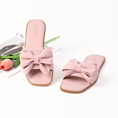 Image of Women's Bow Flat Sandals Open Saquare Toe Comfortable Slide for Wedding Beach Vacation