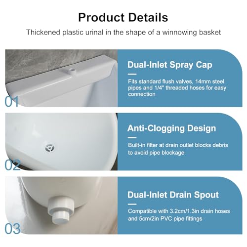 Orinal de plástico para montaje en pared, para hombres, con descarga tipo cascada, antichapoteo, instalación dual, 18,5 × 12,6 × 9,4 pulgadas (blanco) miniatura 4