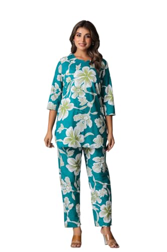Image of Women's Pure Cotton Printed Night Suit,Top and Relaxed Pajama Set, Stylish Sleepwear, Casual Wear
