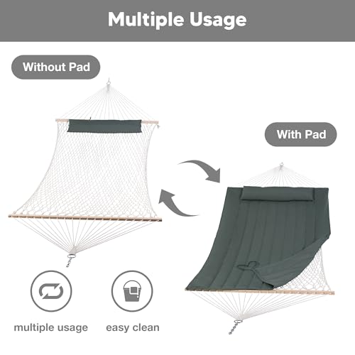 Image of SUNCREAT Portable Double Rope Hammock with Pad, Two Person Tree Hammock for Garden, Backyard, Patio, Poolside, Gray Green