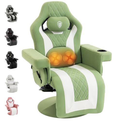 Dowinx Racing Style Gaming Recliner Chair with Massage Lumbar Support, Footrest, Cup Holder, Side Pouch, High Back Ergonomic Video Game Chair Reclining No Wheels Heavy Duty, Fabric Green