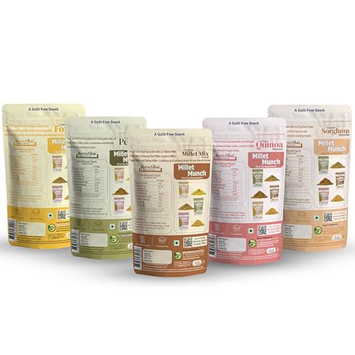 Image of Nutriefoods Millet Munch Snack, 100% Roasted Millets & Guilt Free Snack, Nutritious Munch, Bajra, Jawar, Ragi, Qquinoa, Foxtail Snack (Super 5- Party Munch (Pack of 5), 500gm)