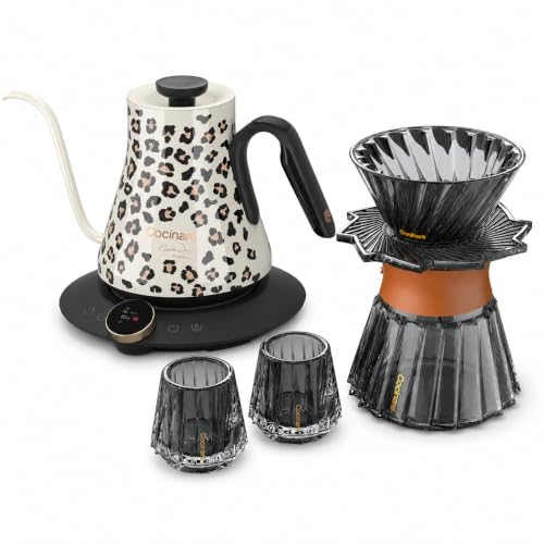 Image of Cocinare Oat Leopard Gooseneck Electric Kettle & Pour Over Coffee Set, ±0.5F Temperature Control, 1500W 0.9L Kettle, Coffee Dripper, 550 ml / 18.6 oz Server & 2 Tasting Cups
