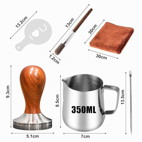 Foto von YUTUY Kaffee Tamper Set 51mm,Espresso Tamper Set,Tampermatte und Milchkännchen (350ml),inkl Tampermatte,Reinigungstuch, 16* Kaffee Schablonen,Latte Art Stift und Dekoschablonen