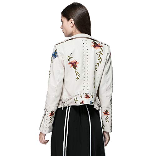 Ly Varey Lin Women's Floral Embroidered Faux Leather Moto Pu Jacket Coat (Xl, Beige) #TOP5