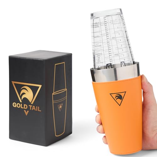 GOLD TAIL Glass Boston Cocktail Shaker - 15 oz & 27 oz - 28x10cm - Orange Leather Cover, No Leaks - Premium Bartender Kit for Home Bar & Professional Mixology