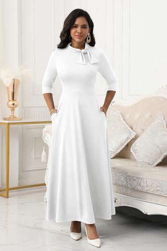 FANDEE Maxi Dress for Women Long Elegant 3/4 Sleeve Bow Tie Neck A Line Casual Party Church Dresses with Pockets4