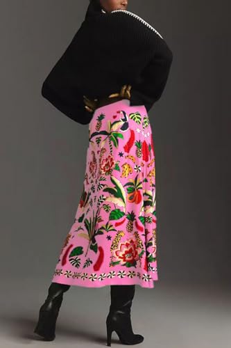 THLAI Womens Skirt Midi Skirt Tropical Plant Print Pink Zipper A-Line Long Skirts Spring Summer Skirt Floral3