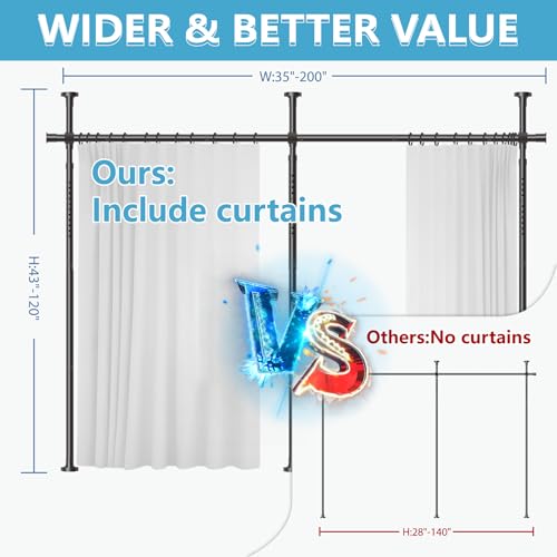 Image of JILRON No-Drill Privacy Curtains for Room Divider Set: Includes 106 inch W x 84 inch L White Curtain 2-Panel & Adjustable Pole Brackets (72-200 inch W x 43-120 inch H Adjustable Range)