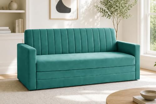 Image of Sofa-Cum-Bed | 3-Seater Foladable Couch with Armrest | Modern Fabric Sofa Bed for Living Room, Bedroom & Office-Green-Color