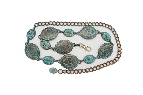 Women Wide Bohemian Fashion Belt Hip High Waist Antique Gold Metal Turquoise Charms S M