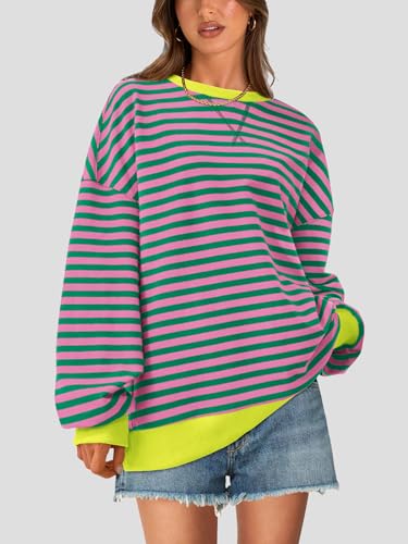 Image of PRETTYGARDEN Womens Striped Oversized Sweatshirt Color Block Crew Neck Long Sleeve Casual Loose Pullover Top Y2K Clothes