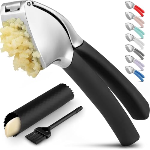 U Chef Prensa de Ajo Ergonómica de Acero Inoxidable con Pelador y Cepillo, Picadora Manual Resistente al Óxido, Fácil de Usar y Limpiar, Ideal para...
