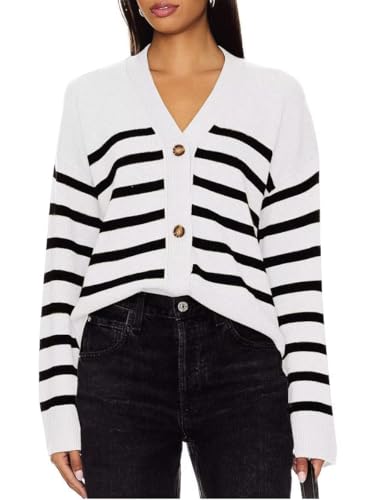 Dressmine Womens Striped Long Sleeve Sweater Tops Open Front Button Knit Casual Oversized V Neck Cardigan
