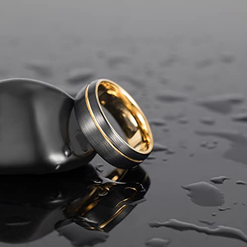 TRUMIUM 8mm 24K Gold Plated Tungsten Carbide Rings Black Mens Wedding Band Groove Center Ring Beveled Edges Comfort Fit Size 7-142