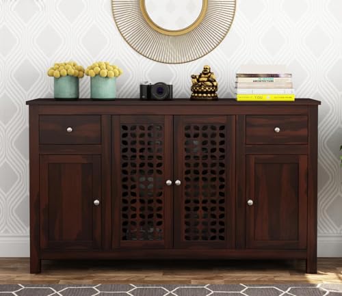 Image of SHIKHA WOOD CRAFT Solid Sheesham Wood Sideboard Cabinet Drawers and Door Storage | Multipurpose Wooden Chest of Drawers Furniture for Bedroom, Living Room, Home, and Office (Walnut Finish-4 Doors)